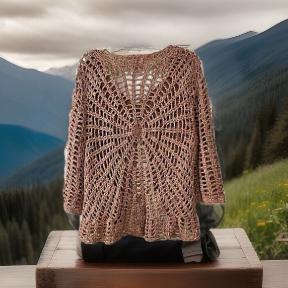 Large Ruby Rd. Pretty Multiple Colored Crocheted Flared Out Shell 3/4 Sleeves - Picture 3 of 8